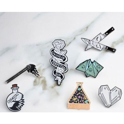 Face dagger Mood origami Enamel Pins Badge Cobweb Broken beaker Brooches Barbed rose Love coffin matches Lapel Pin Jewelry Gift