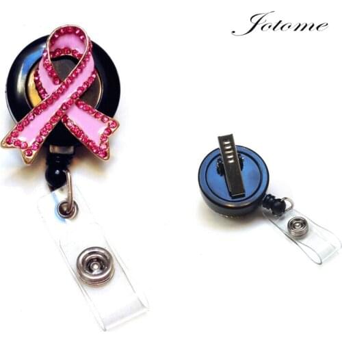 100pcs/Rhinestone Bling Crystal reel retractable ID badge holder - Pink Ribbon