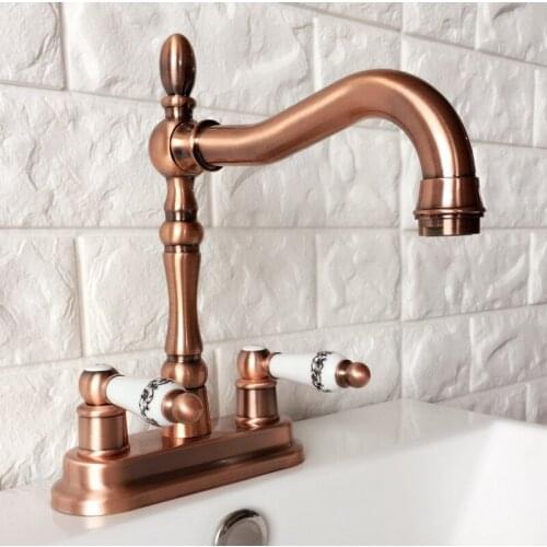 Antique Red Copper Basin Faucets 2 Hole Bathroom Faucet Double Handle Mixer Tap Bath Water Kitchen Faucet zrg051