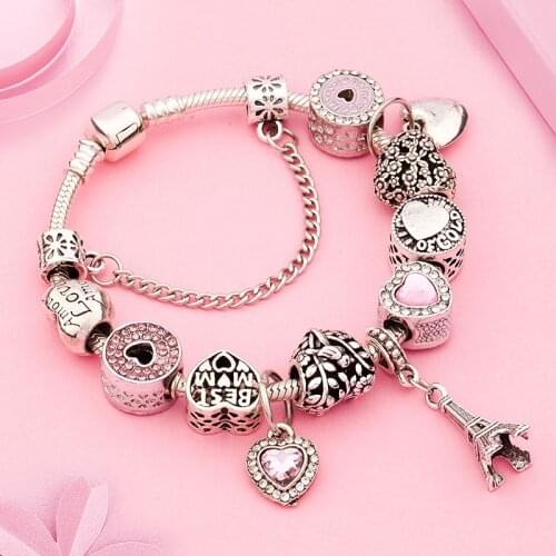 Dropshipping Romantic Pink Crystal Heart Bead Bracelet with Charm European Trendy Eiffel Tower Handwork Bead Bracelet