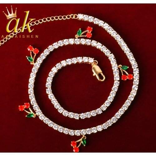 Gold Color Red cherry Pendant 4mm 1 Row Tennis Chain Necklace Hip Hop Jewelry Men Women Necklace Link adjustable