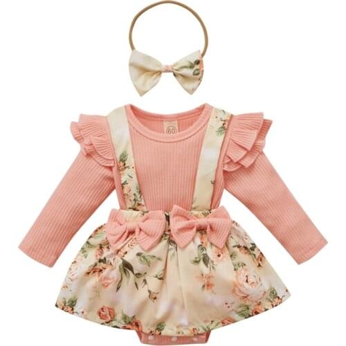 2Pcs Baby Autumn Outfit Floral Splicing O-Neck Long Sleeves Suspenders Skirt Romper + Hairband for Toddler Girls 0-24 Months