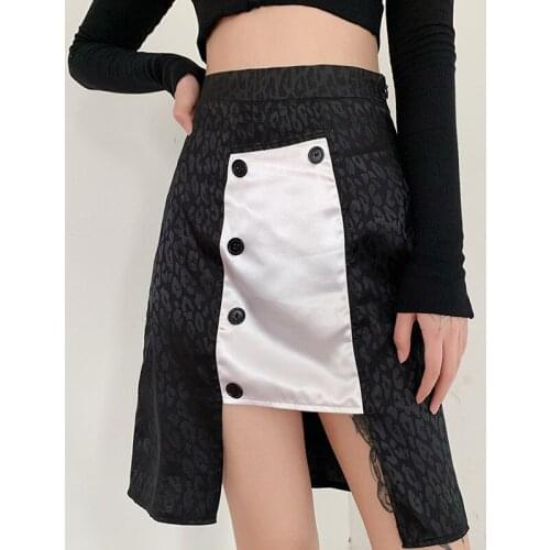 Diseyar 2021 Dark Leopard Print White Square Stitching Skirt Women Ladies Streetwear Club Contrast Button High Waist
