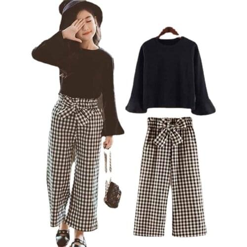 2021 Kids Girls Clothes Sets Long Sleeve T-shirts + Plaid Wide Leg Pants Autumn Childrens Clothing Teenage for 7 8 10 12 Years