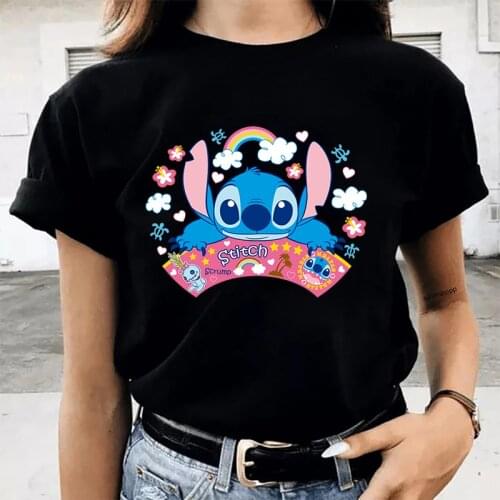 Womens Black T-shirts Disney Fashion Cute Lilo Stitch Tops Casual Ladies T Shirts O-Neck Clothes Short Sleeve Loose Summer Tees