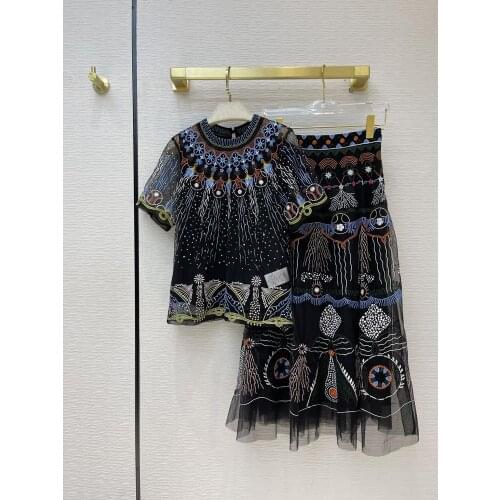 Spring Summer Floral 2021 Embroidery 2 Piece Set Short Sleeve Blouse + Long Skirt Luxury Brand O-neck Tops Casual Slim Mesh Suit