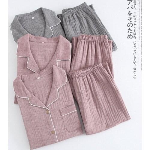 Summer Couple Thin Wrinkle Cloth Nightwear Double Gauze Pajamas Set Autumn Men And Women Long-Sleeved 100% Cotton Sleepwear