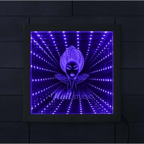 Nail Salon Infinity Mirror Wood Frame Manicures Shop Polish Fashion Business Sign Mesmerizing Illusion Tunnel Vision Lighted