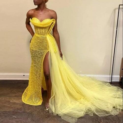 Fashion Off Shoulder Yellow Prom Gown Sexy High Slit Dubai Evening Party Dress With Train Turkish Women Pageant Celebrity Gowns