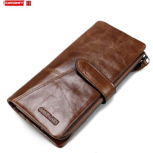 Genuine Leather Fashion Stitching Long Mens Wallet Europe and America Tri-fold Clutch Bag Card Holder Coin Purses Male Wallets