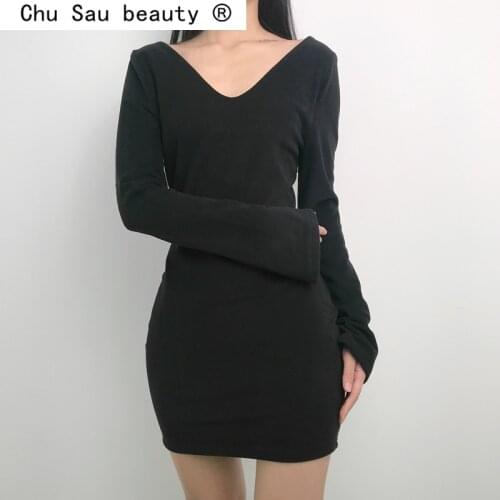 New Fashion Deep V-neck Sexy Mini Dress Women Skinny Long Flare Sleeve Above Knee Dresses Streetwear Solid Pure Basic Dress