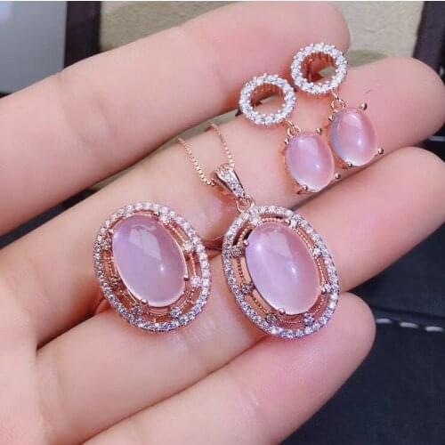 New Coming Natural and Real Natural Rose Quartz jewelry set Rose Quartz 925 sterling silver 1pc pendant,1pc ring,2pcs Earring