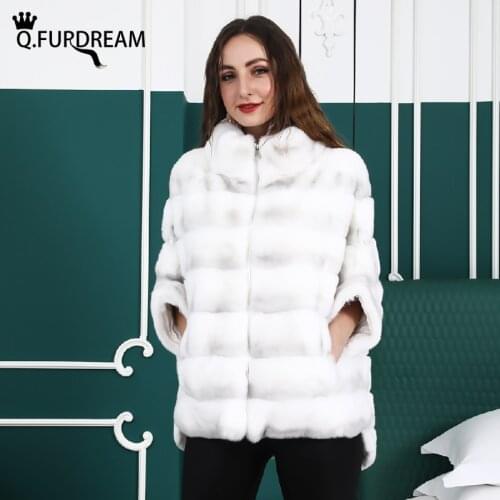 Q.FURDREAM New Rex Rabbit Fur Coat High Quality Chinchilla Color Winter Warm O-neck Strips Overcoats Fashion Bat Sleeves Coats