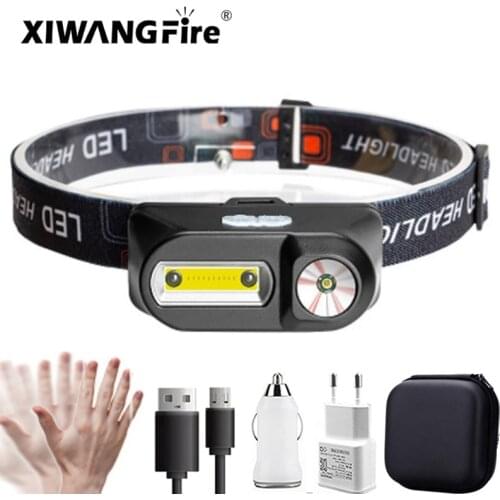 Portable LED Headlamp XPE+COB Headlight IR Induction 18650 Light USB Rechargeable Waterproof Camping Torch Powerful Head Lamp