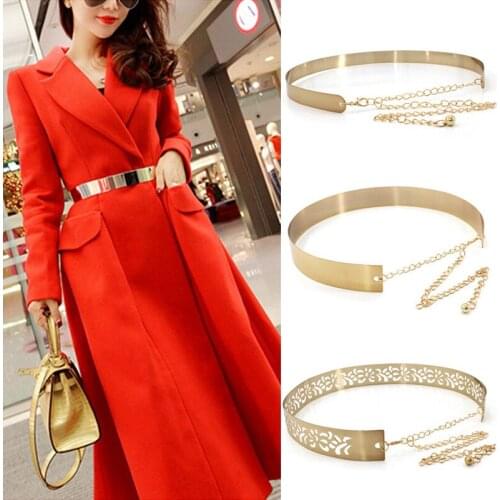 Fashion Women Adjustable Metal Designer Belt Ladies Dress Luxury Bling Gold Silver Mirror Vintage Waistband with Waist Chain