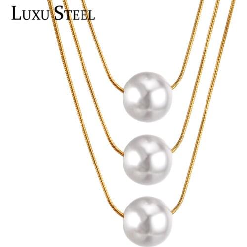 LUXUSTEEL Snake Chains Necklaces Round Imitation Pearl Pendant Necklace Layer Necklaces Bijoux Party Wholesale