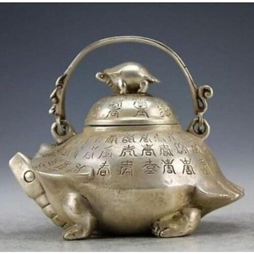 Handwork Oriental Vintage Handwork White Copper Portable Tortoise Teapot Garden 100% real Tibetan Silver Brassroom