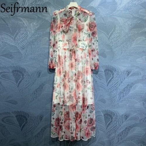 Seifrmann New 2021 Summer Women Fashion Fashion Runway Maxi Dress Lantern Sleeve Bow High Waist Floral Printed Ladies Dresses