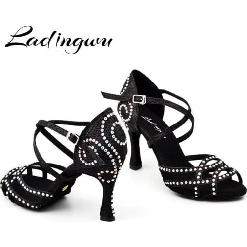 Ladingwu Dance Shoes Latin Women Rhinestone Salsa Shoes Dance Ballroom Party Profession Dance Shoes Heel 9cm Glitter Satin