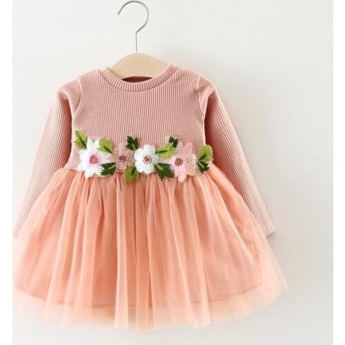Girls Princess Dress Flower Decor Kids Fashion Vestidos Meninas Striped Knitted Party Long Sleeve Spring Autumn Girls Dresses