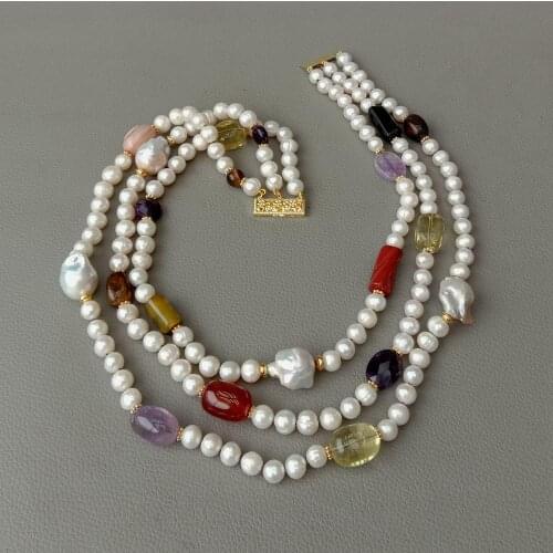 YYGEM 3 Strands Cultured White Nucleated Flameball Baroque Pearl Multi natural Semi-Precious Stone nugget Necklace 19"