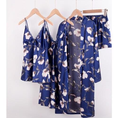 ZITY Pyjamas For Women Satin Sleepwear Real Silk 4 Pieces Nightwear Pyjama Sets Lace Sleep Lounge robe sets