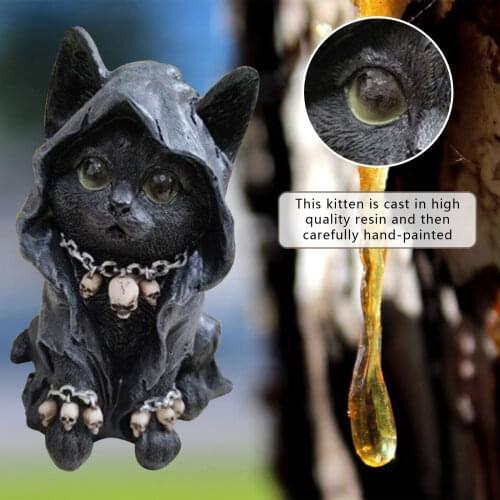 Cat Statue Fantasy Art Collection Craft, Skull Necklace Feline Cloaked Grim Reaper Cat Figurine, Resin Ornaments Sculpture