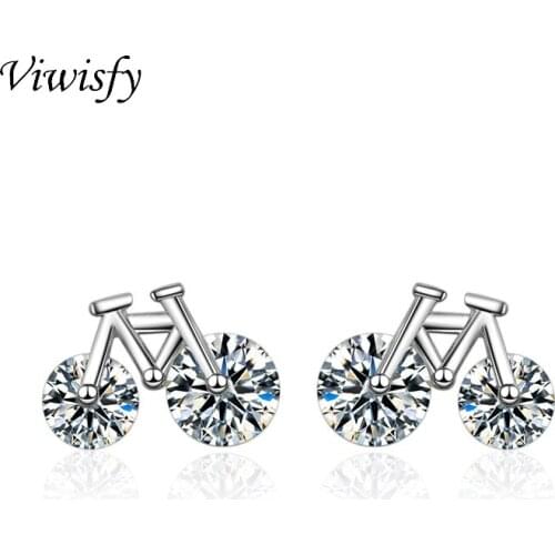 Viwisfy Real 925 Sterling Silver Jewelry For Women Bicycle Crystal Stud Earrings VW21063