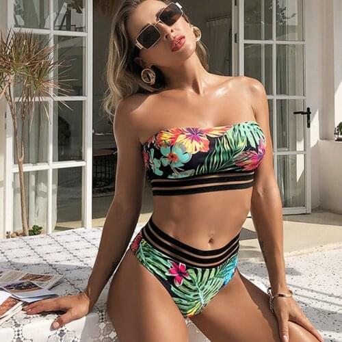 Womens Sexy Swimsuit 2021 New Separate Swimwear Girl Fashionable Printed High-Waist Bikini Suit Female Plus Size Tube Top Bra