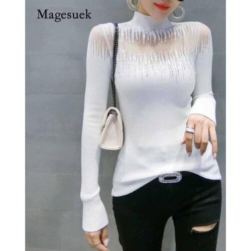 Half-turtleneck Sexy 2020 Autumn New Fashion Hollow Woolen Womens Sweater Long Sleeve Slim Womens Bottoming Shirt 11243