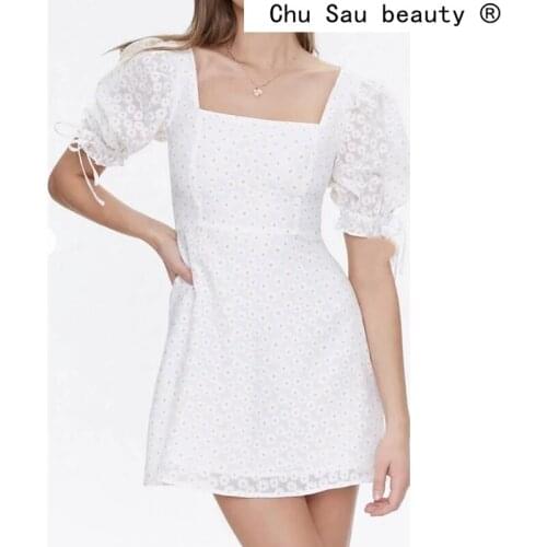 New Fashion Sweet Chic Floral Print Square Collar Mini Dress Women Summer Casual Style Short Sleeve Dresses Female Vestidos