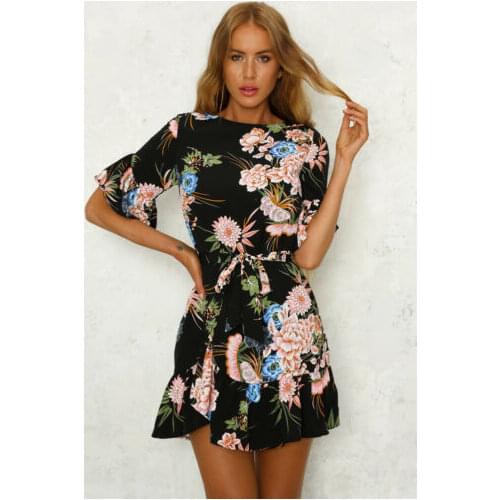 New 2019 Boho Women Summer Casual Dress Floral Print O Neck Half Sleeve Party Evening Mini Dress Beach Floral dress