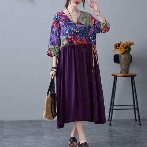 Patchwork Print Floral Chinese Style Purple Vintage Dress 2021 New Arrival Cotton Linen Loose Summer Dress Women Casual Dress