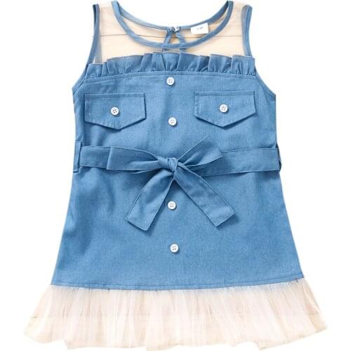 2021 0-6Y Summer Kids Girls Denim Dress Mesh Shoulder Sleeveless Button Fake pocket Tulle A-line Dress With Belt Fashion Clothes
