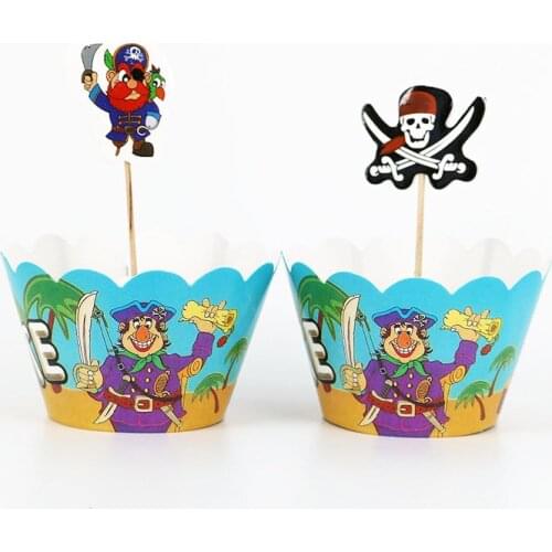 24pcs/lot Cartoon pirate captain Cupcake Wrappers Topper Kids Party Birthday Decoration Cake Cups(12 wraps+12 topper)