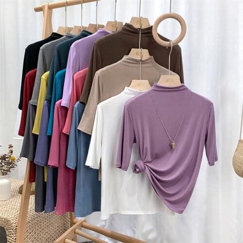 95% Cotton Women Half Sleeve T Shirt Female 2020 Autumn Turtleneck Elegant T-shirt Ladies Tops Femme Plus Size M-8XL