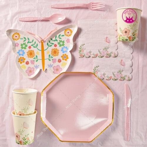 Butterfly Flowers Plate Cups Napking Tower Party Disposable Cultery Dishes Paper Tableware Set