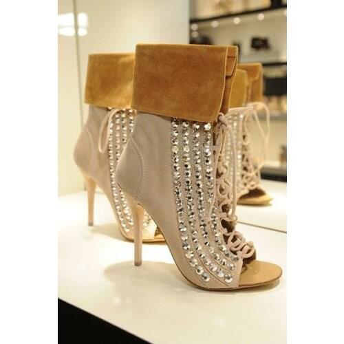 Bling Crystal Embellished Peep Toe Ankle Boots Front Crossed Tie Thin High Heel Ladies Gladiator Summer Boots