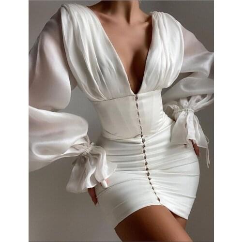 Summer White Dress Puff Sleeve V Neck Boning Single Breasted 2 Layers Backless Sexy Party Dress Elegant Chic Woman Robe