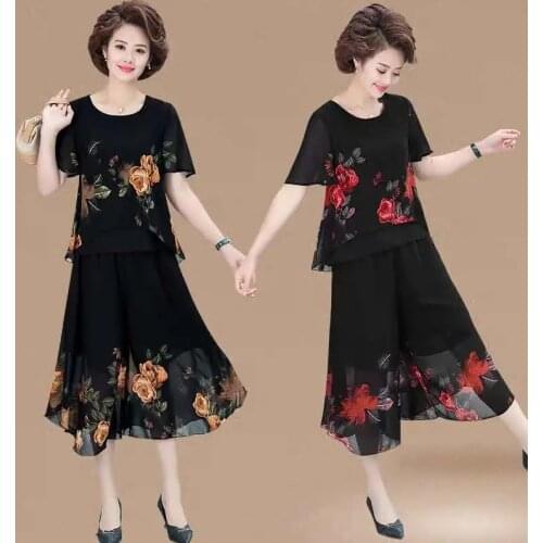 Summer Chiffon Top Clottes Suit 2021 Middle-aged Short-Sleeved Middle-aged And Elderly Female Western-Style Wife Two-piece Suit