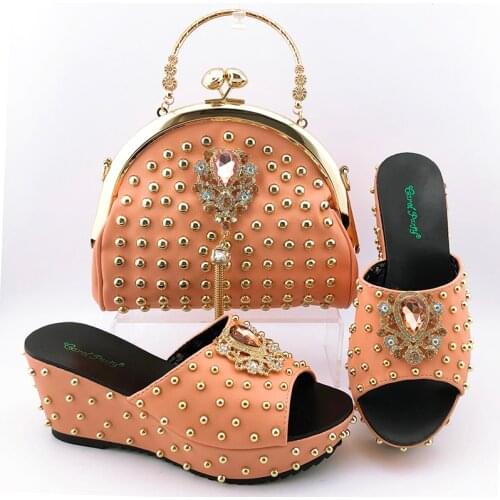 Doershow hot selling peach Italian Shoe With Matching Bags African Women Shoes and Bags Set For Prom Party Summer Sandal!SKV1-18