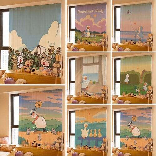 Cartoon Curtain Velcro Short Curtains Self-adhesive Window Screen Punch-free Blockout Drapes Breathable Home Bedroom Decor
