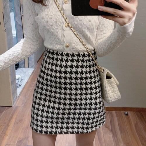 New high-waist houndstooth woolen skirt womens short skirt all-match black skirt