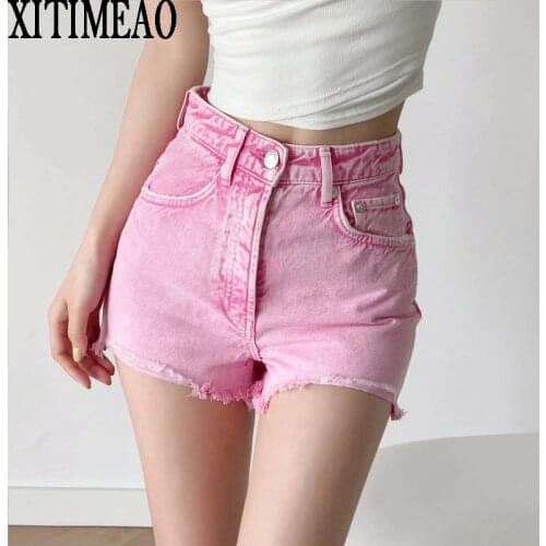 Za New Summer Women Straight Pink Jeans Shorts Simple Style Sexy Short Pants Hight Waist Casual Denim Shorts XITIMEAO