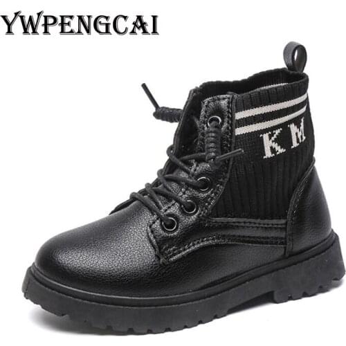 Size 27-38 Autumn Winter Girls PU Leather Ankle Martin Boots Knitted Lace-up Boots