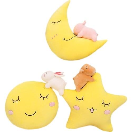 1PC 40cm Sleeping Yellow Plush Star Moon Sun Pillows Combined Bear Bunny Pig Animals Pillow Ultra Soft for Room Bed Decoration