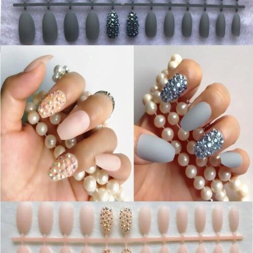Custom 24 Gorgeous Rhinestone Decorative Fake Nails Apricot Blue AB Crystal Press On NailS Matte Flat Head Peelable False Nails