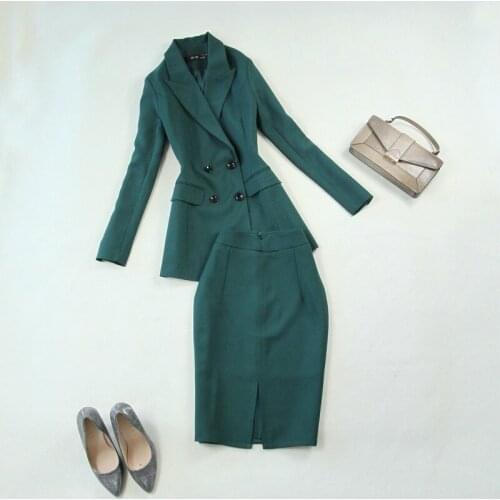 Professional Skirt Set Autumn New Dark Green Slim Long Sleeve Double-breasted Long Suit +Pencil Bag Hip Skirt Two-piece Set