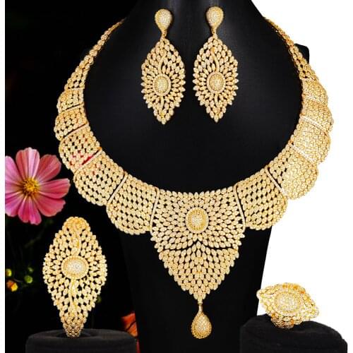 BRIDAL Noble 4 PCS Hollow Luxury Necklace Bangle Earrings Ring Jewelry Set for Bridal Wedding Superstar Show jewellery set