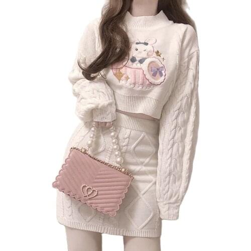 Japanese Kawaii Style Cartoon Embroidery Crop Sweater Korean Sweet Knitted Pullover Women Long Sleeve White Tops